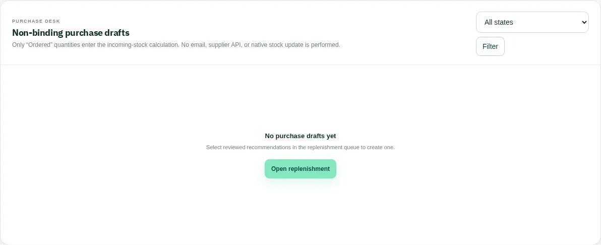English purchase draft workflow with ordered and receipt states.