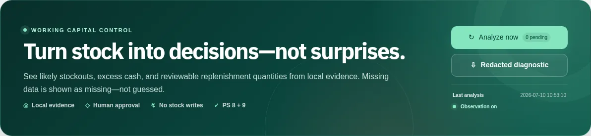 Inventory command center with local-evidence and no-stock-write boundaries.