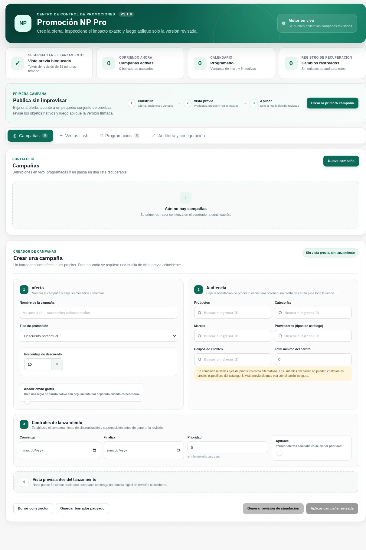 NP Promo Pro campaign builder on PrestaShop 9, localized in Spanish.