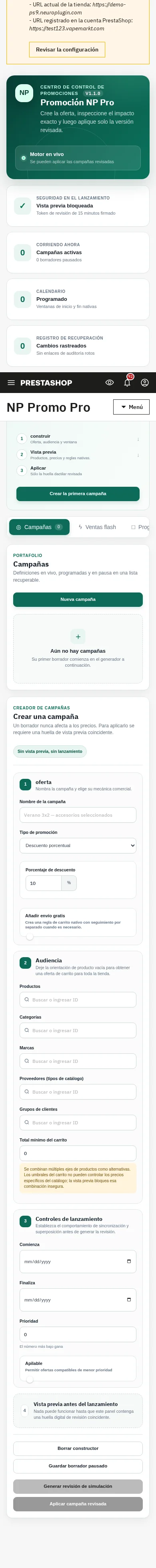 NP Promo Pro 1.1.0 campaign workspace at a 390-pixel mobile viewport.