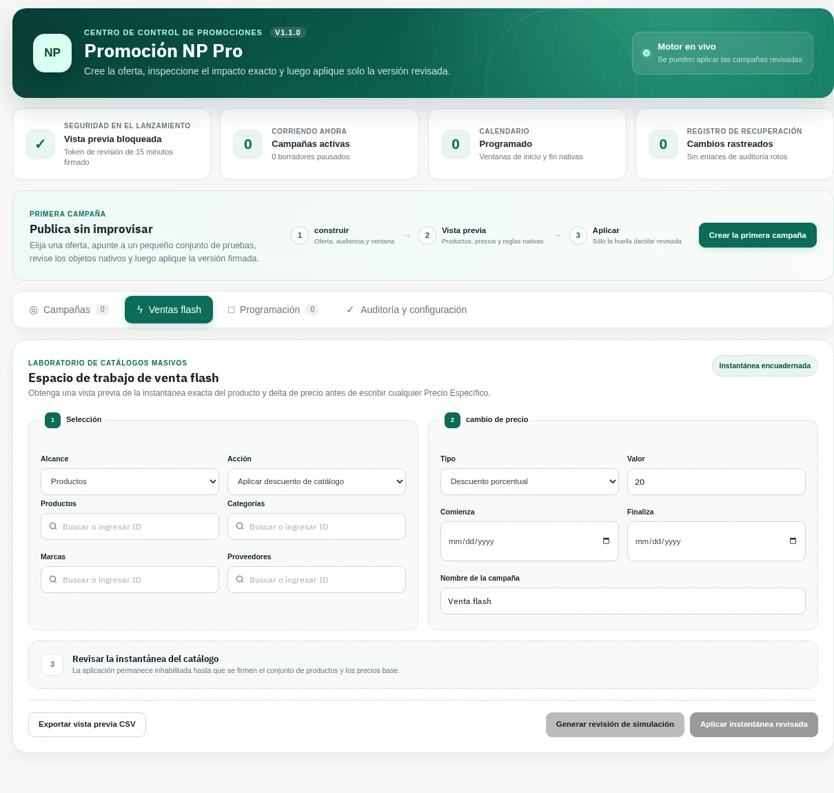 NP Promo Pro bulk flash-sale repricing workspace on PrestaShop 9.