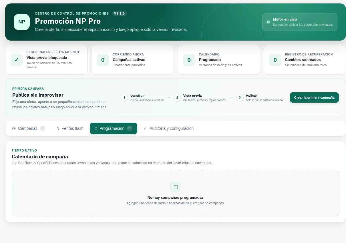 NP Promo Pro native campaign schedule on PrestaShop 9.0.3.