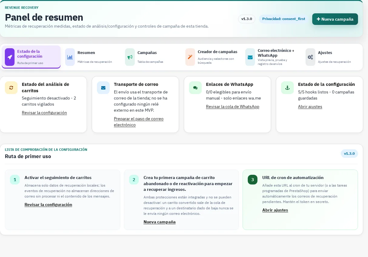 NP Revenue Recovery Pro 1.3.0 first-run setup station on PrestaShop 9.