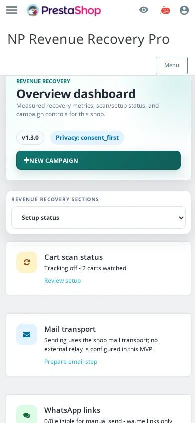 NP Revenue Recovery Pro 1.3.0 first-run workspace on a PrestaShop 8 mobile viewport.