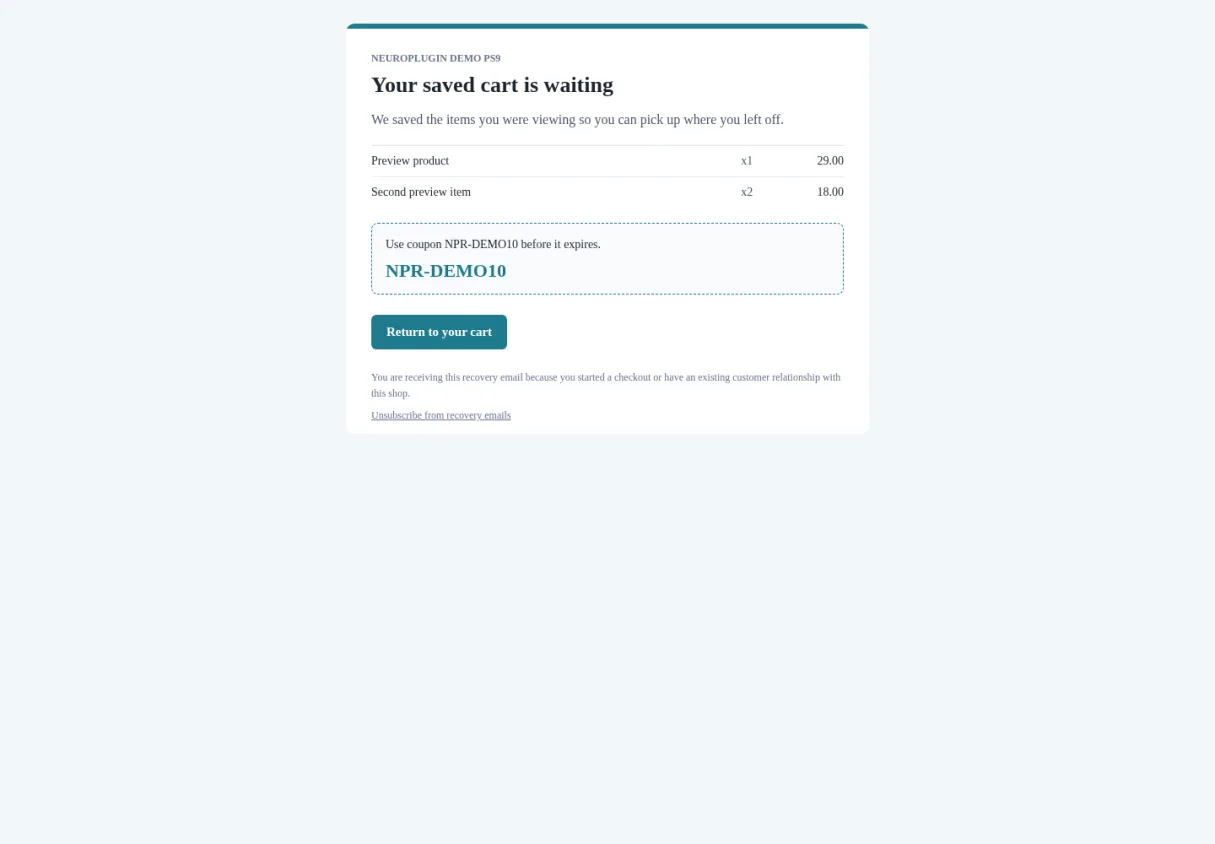 Customer-facing abandoned-cart recovery email generated by NP Revenue Recovery Pro 1.3.0.