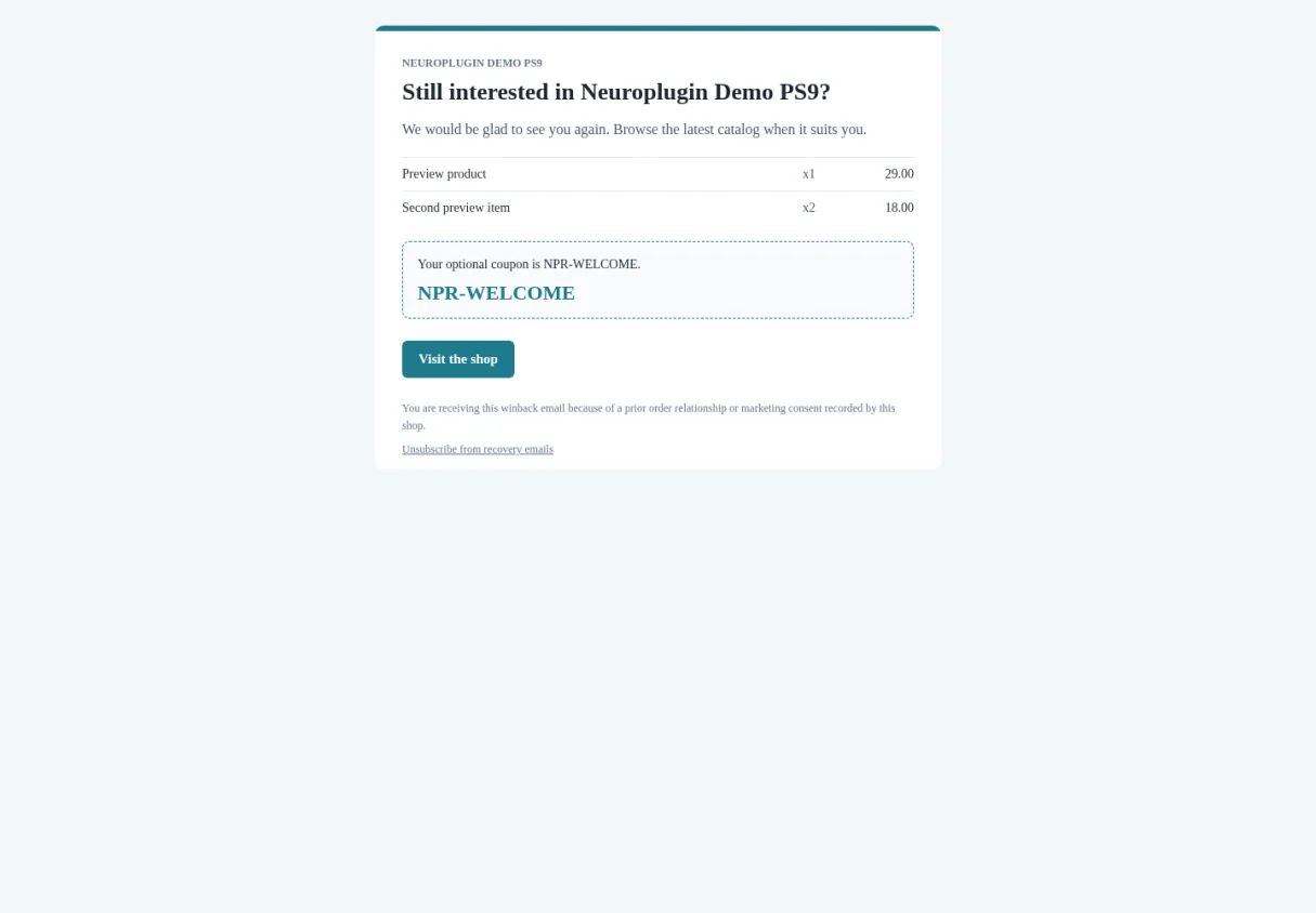 Customer-facing win-back email generated by NP Revenue Recovery Pro 1.3.0.