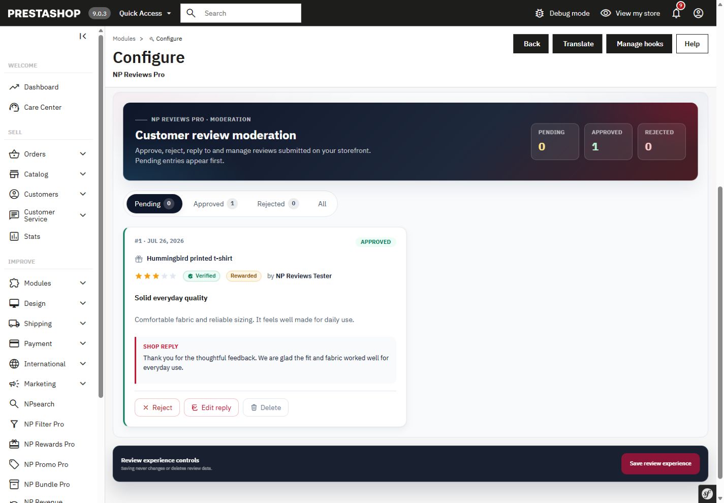 NP Reviews Pro moderation studio with review KPIs, filters, approval state, and merchant reply controls.
