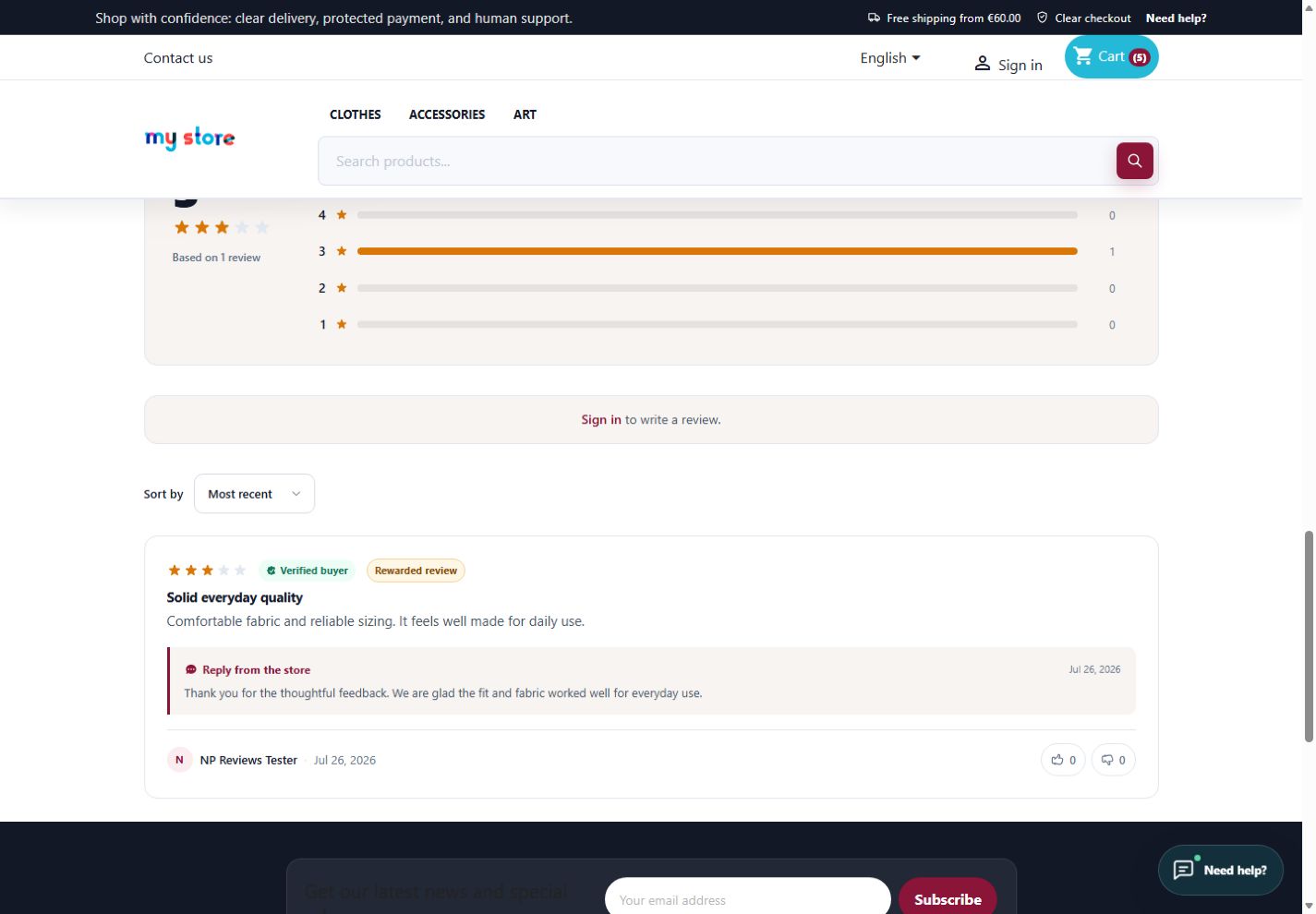 NP Reviews Pro storefront review section with rating summary, filters, verified review, photos, reply, and helpful action.