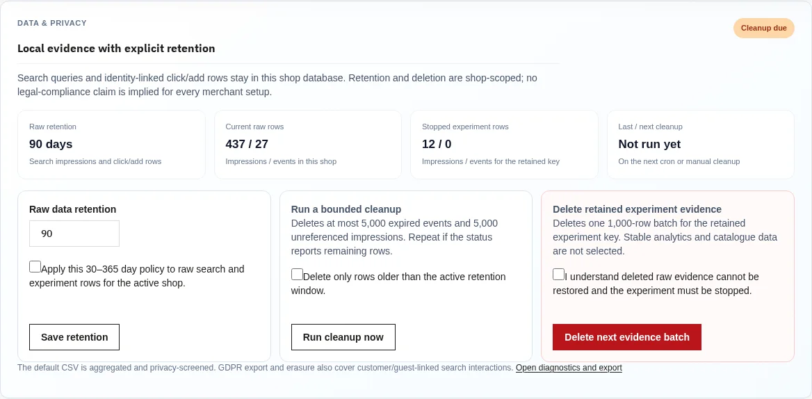 NP Search data, retention, and privacy controls on PrestaShop 9.