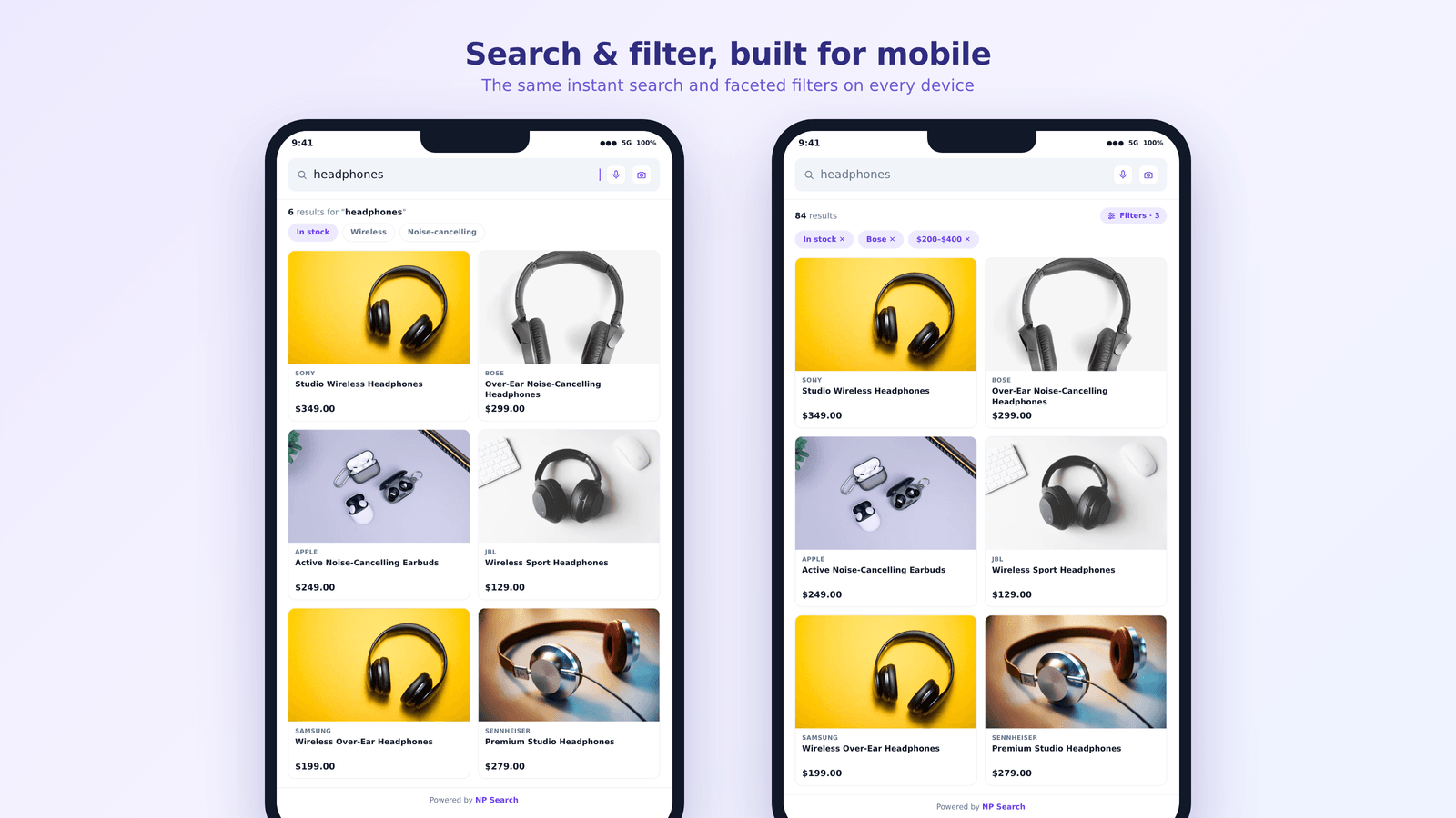 Instant search and faceted filters on mobile devices.