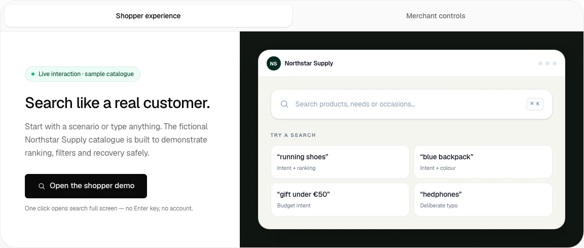 Localized Search Lab shopper preview with sample search scenarios and a fictional catalog.