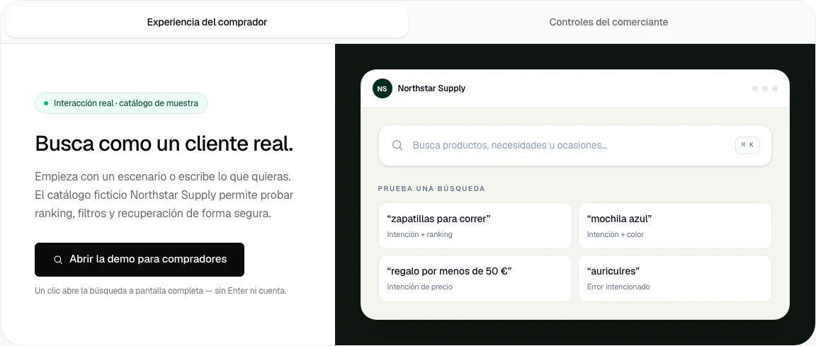 Vista localizada de Search Lab para compradores con búsquedas de ejemplo y un catálogo ficticio.