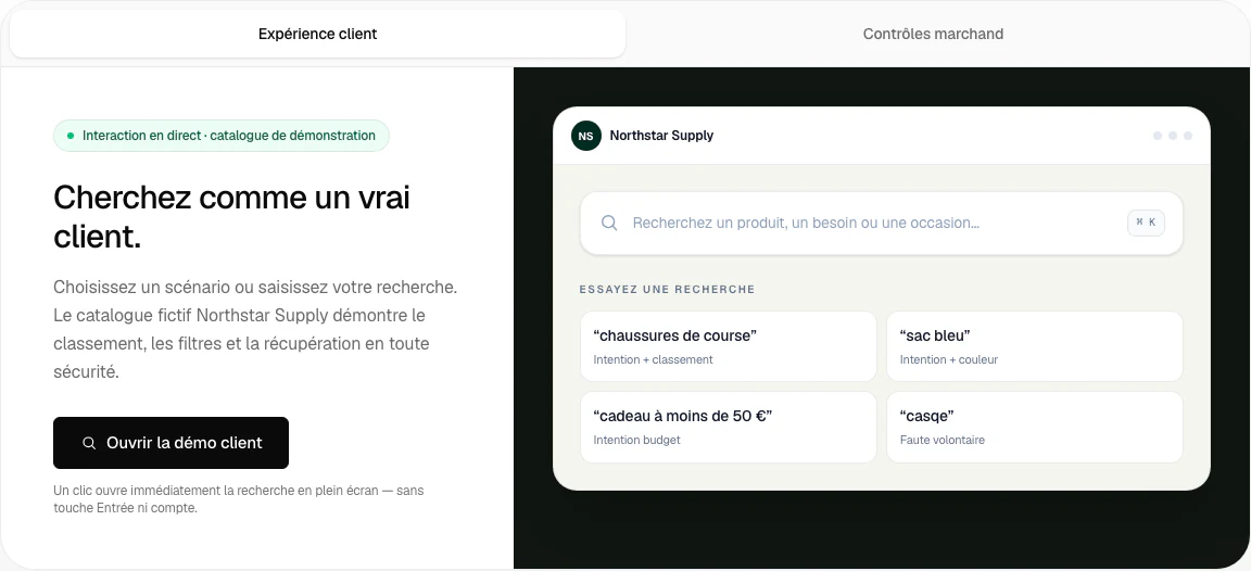 Aperçu localisé de Search Lab pour les clients avec recherches guidées et catalogue fictif.
