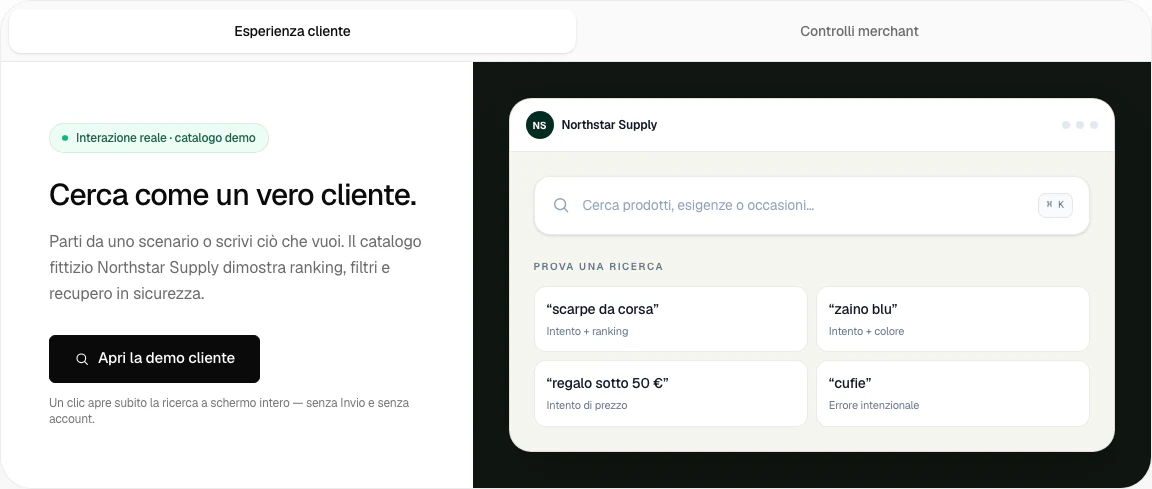 Anteprima localizzata di Search Lab per i clienti con ricerche guidate e catalogo fittizio.