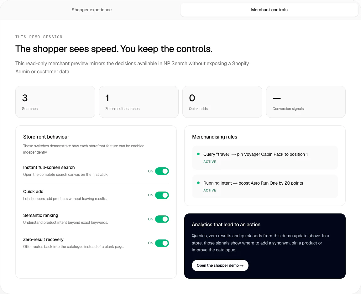 Localized read-only merchant view with demo-session signals, storefront controls, and merchandising rules.
