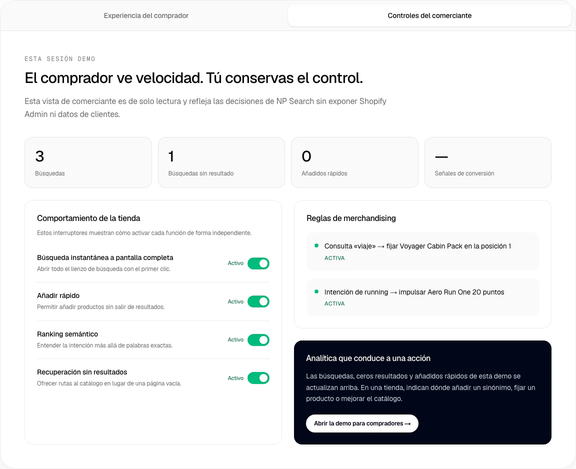 Vista localizada de solo lectura para el comerciante con señales de sesión, controles y reglas de merchandising.