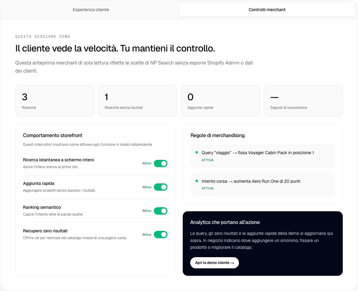 Vista merchant localizzata in sola lettura con segnali di sessione, controlli e regole di merchandising.