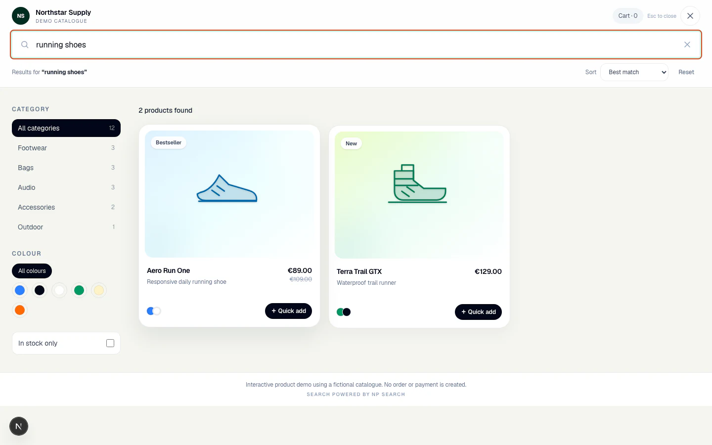 Localized full-screen Search Lab results with categories, colors, stock, sorting, and quick add.