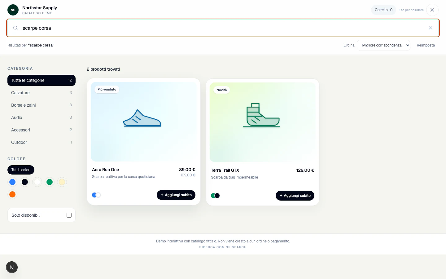 Risultati Search Lab localizzati a schermo intero con categorie, colori, disponibilità, ordinamento e aggiunta rapida.