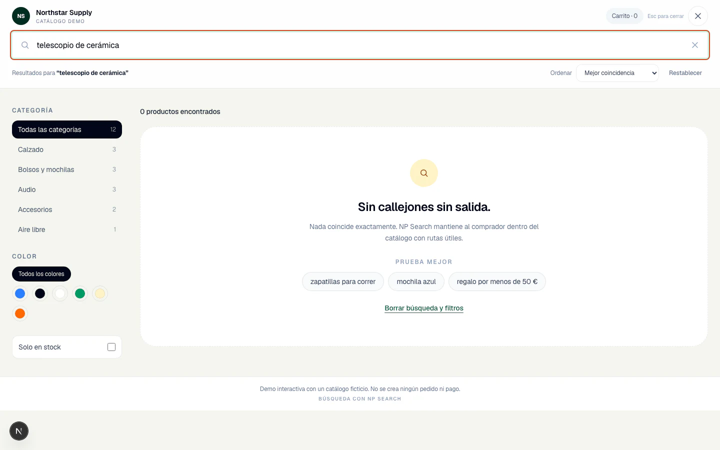 Estado localizado sin resultados de Search Lab con búsquedas guiadas en lugar de una página vacía.