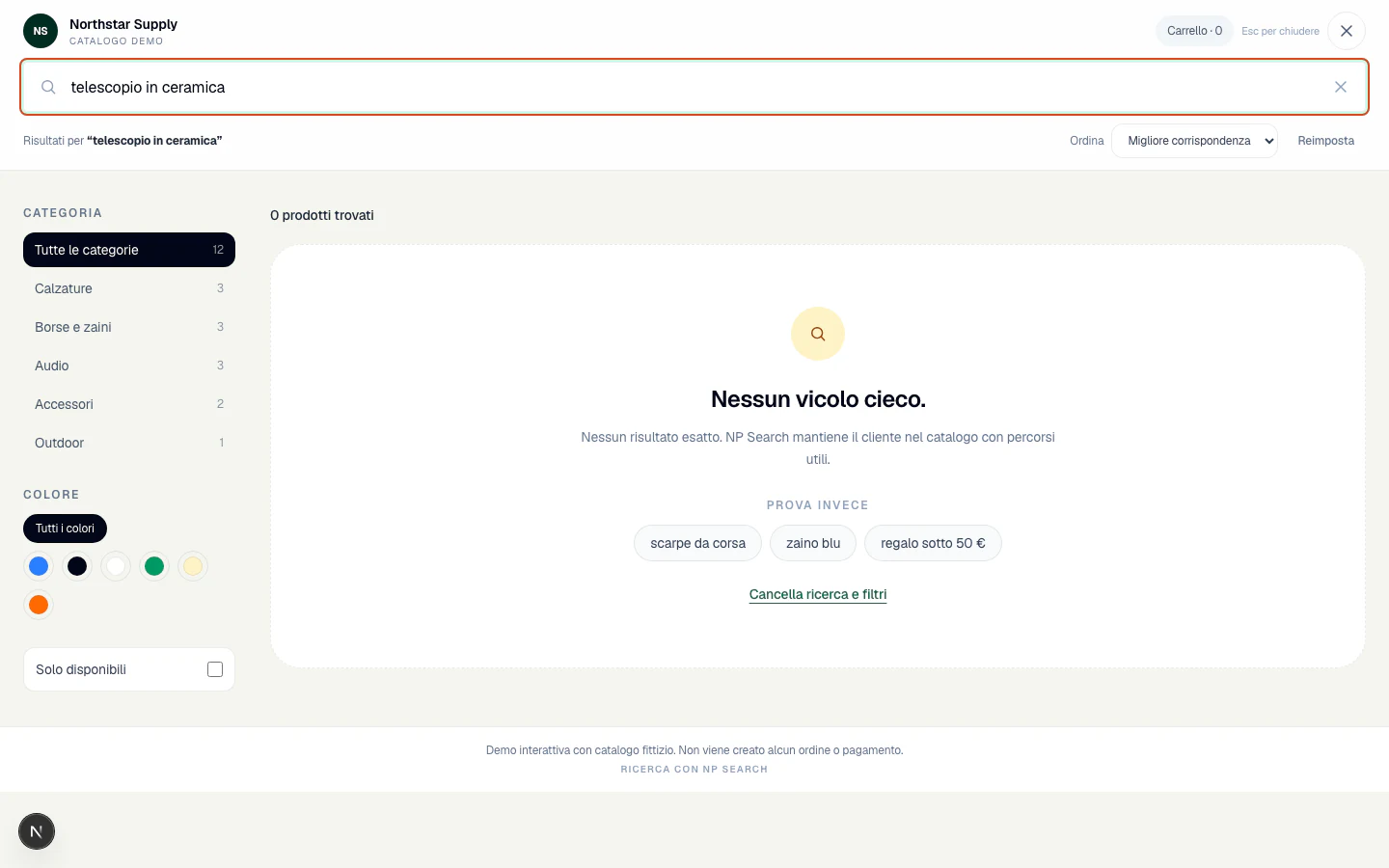 Stato localizzato senza risultati in Search Lab con ricerche guidate invece di una pagina vuota.
