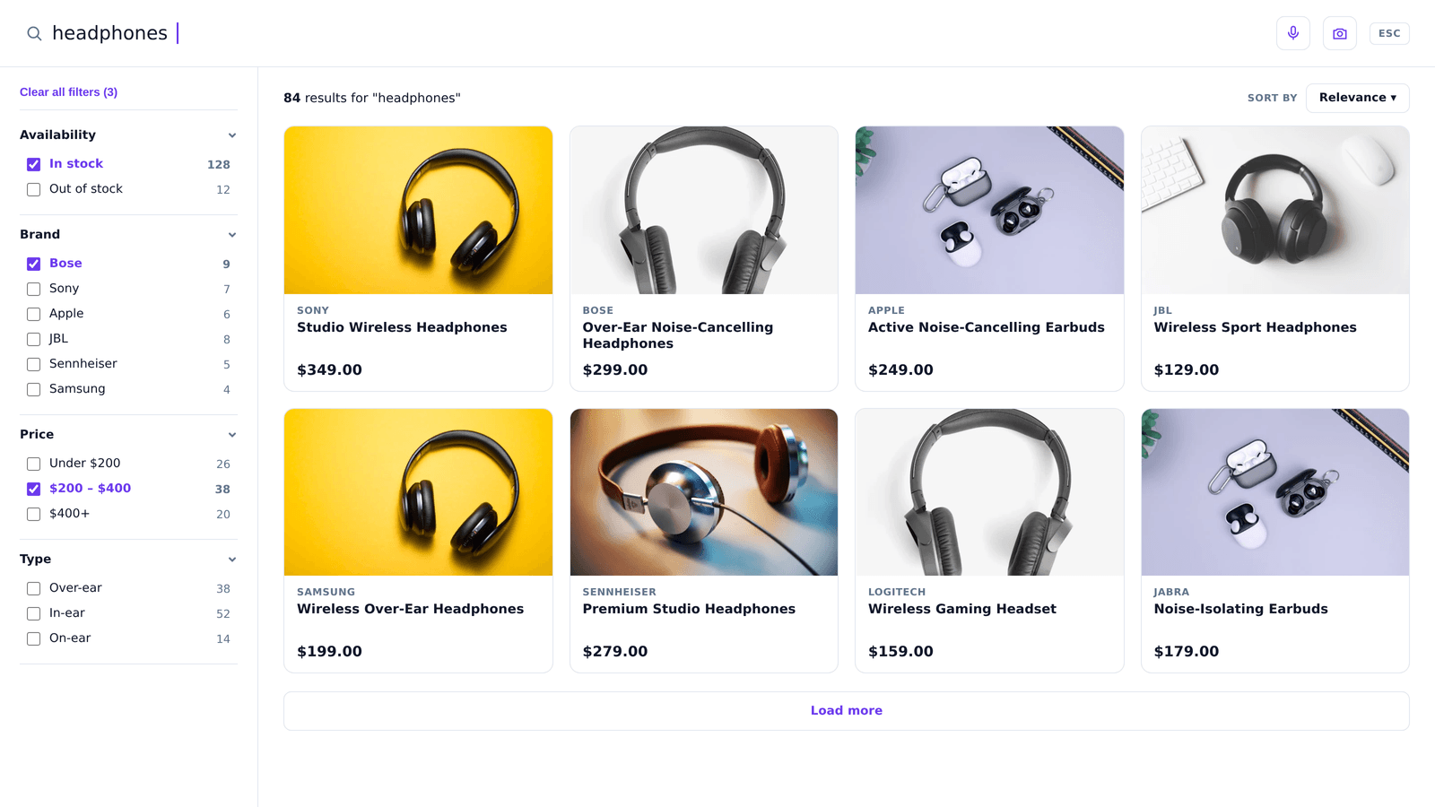 Full-page Shopify search results with faceted filters and sorting.