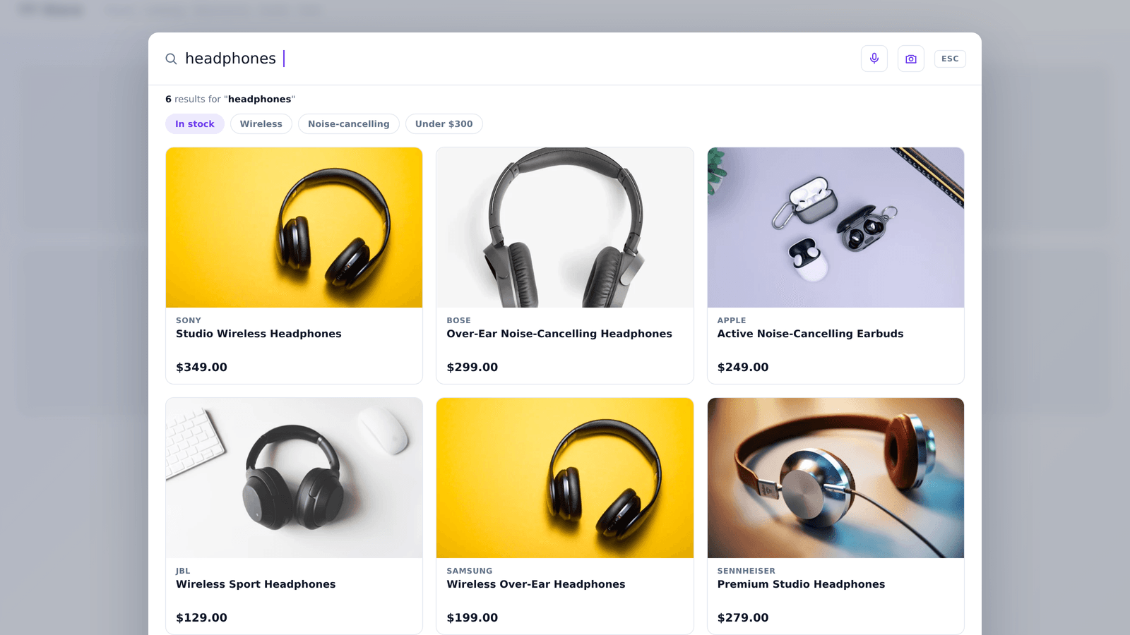 Instant search overlay with product results on a Shopify storefront.