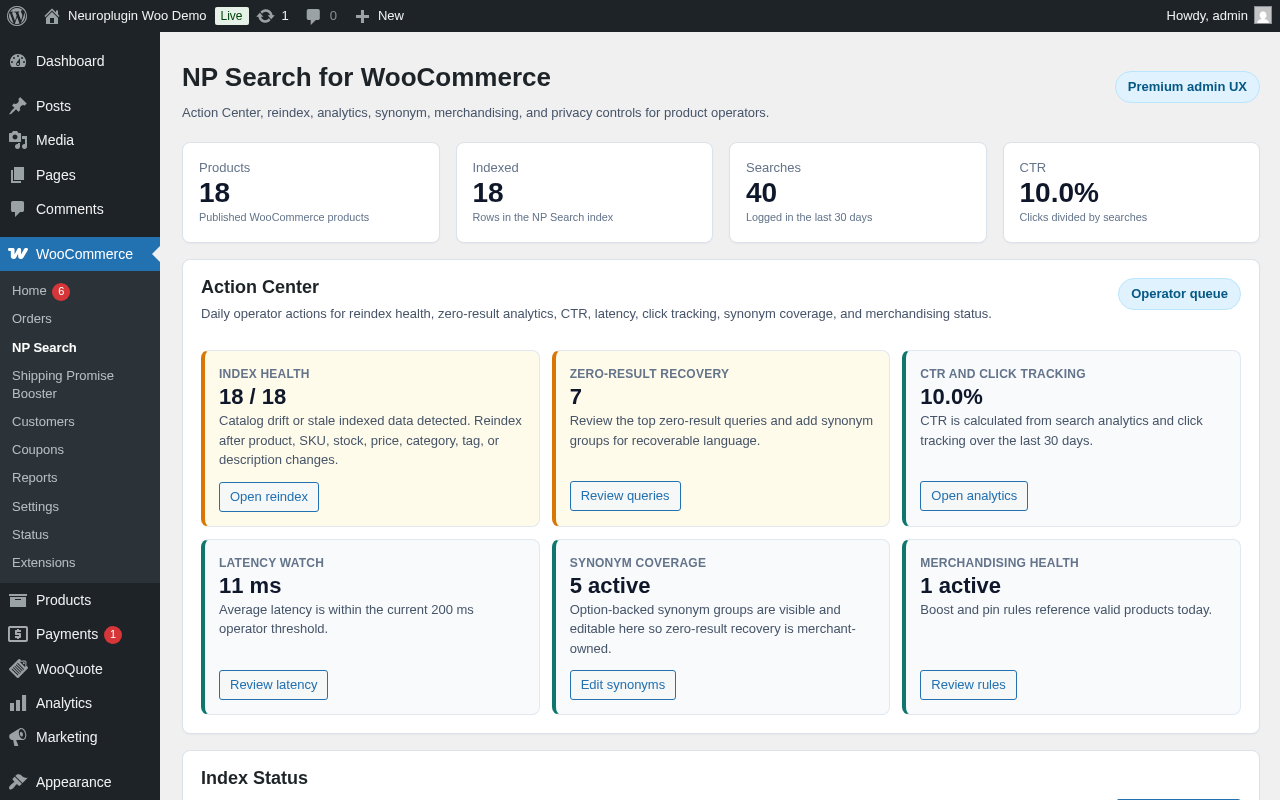 Admin action center — recommended fixes derived from search analytics.
