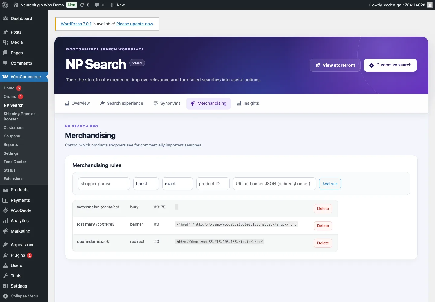NP Search Pro 1.0.0 merchandising workspace in WooCommerce.