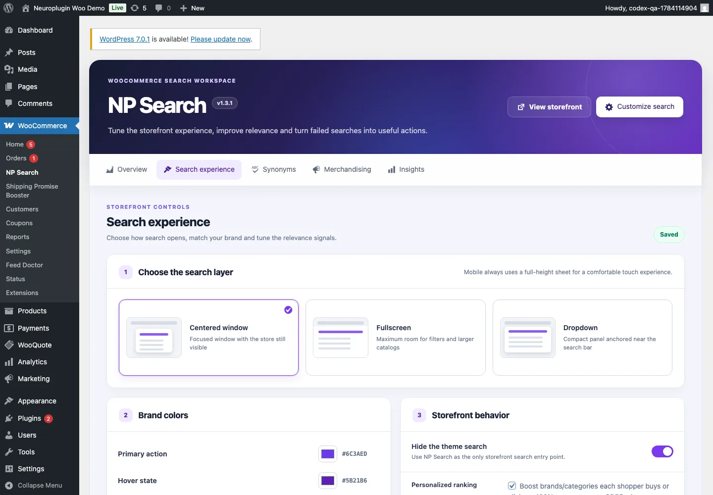 NP Search Core 1.3.1 Search experience admin screen with display-mode cards, color preview and relevance sliders.