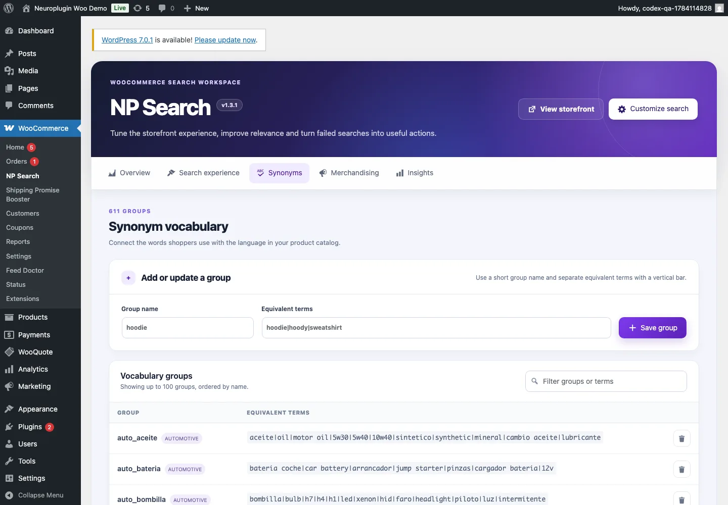 NP Search Core 1.3.1 searchable synonym workspace.