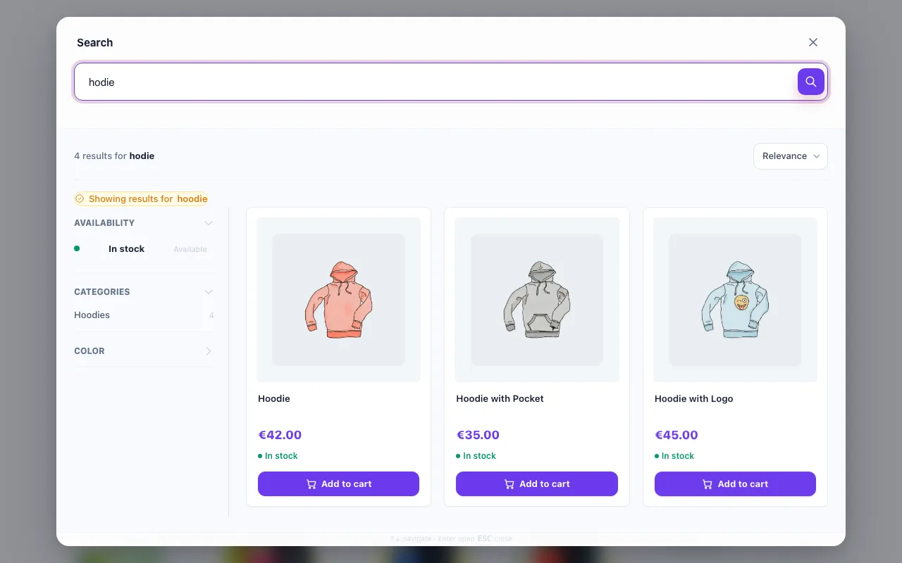 Centered NP Search Core 1.3.1 storefront layer returning four hoodies for the typo query hodie.