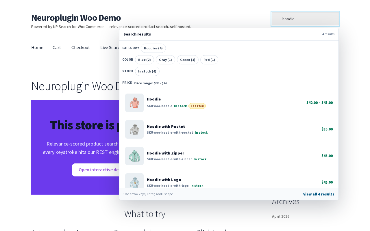 Storefront autocomplete overlay on a WooCommerce theme.