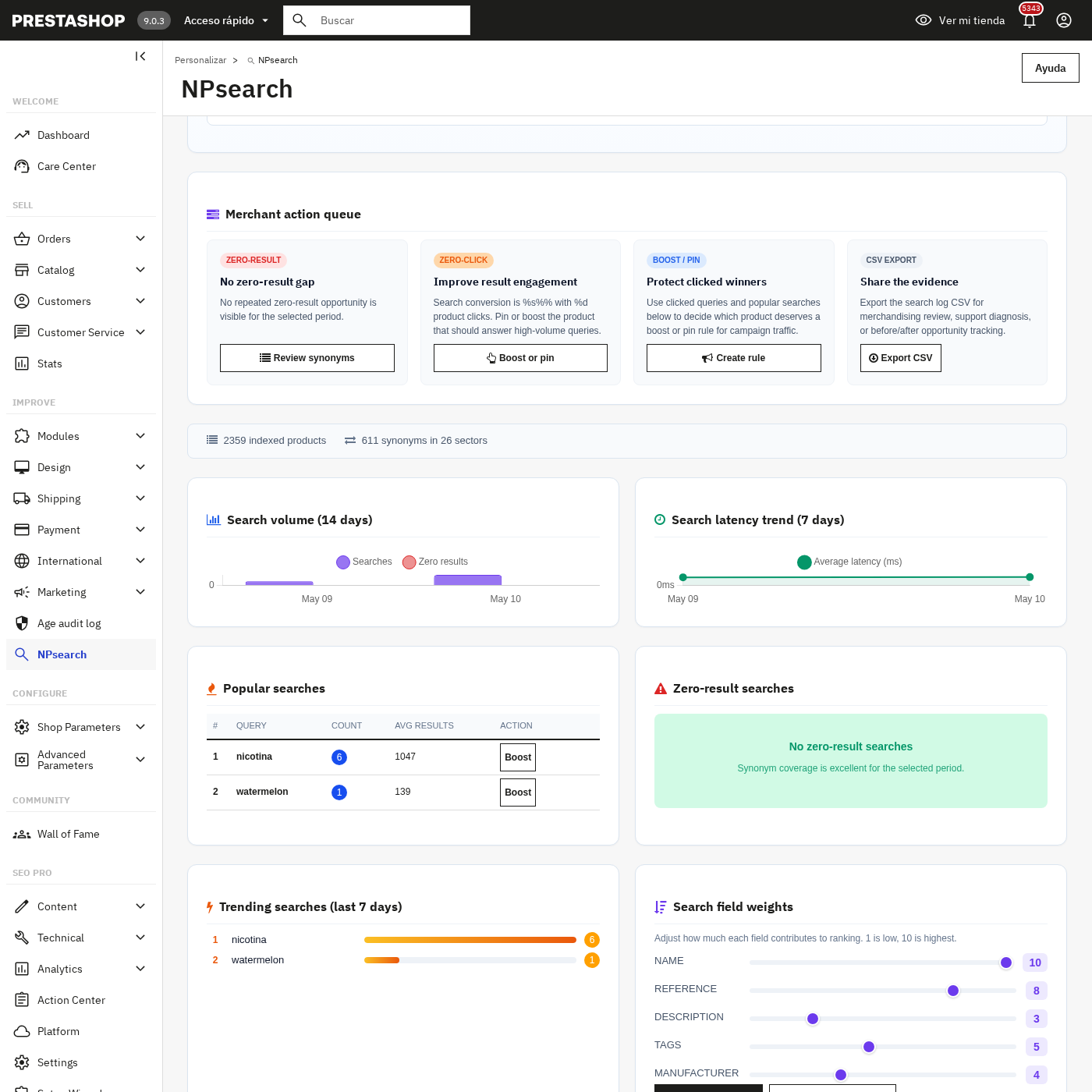 Analytics + action queue — top queries, zero-result rate, CTR, suggested fixes.