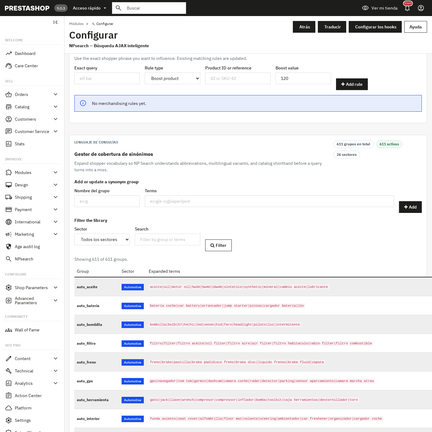 Searchandising rules: pin / boost / hide products per query.