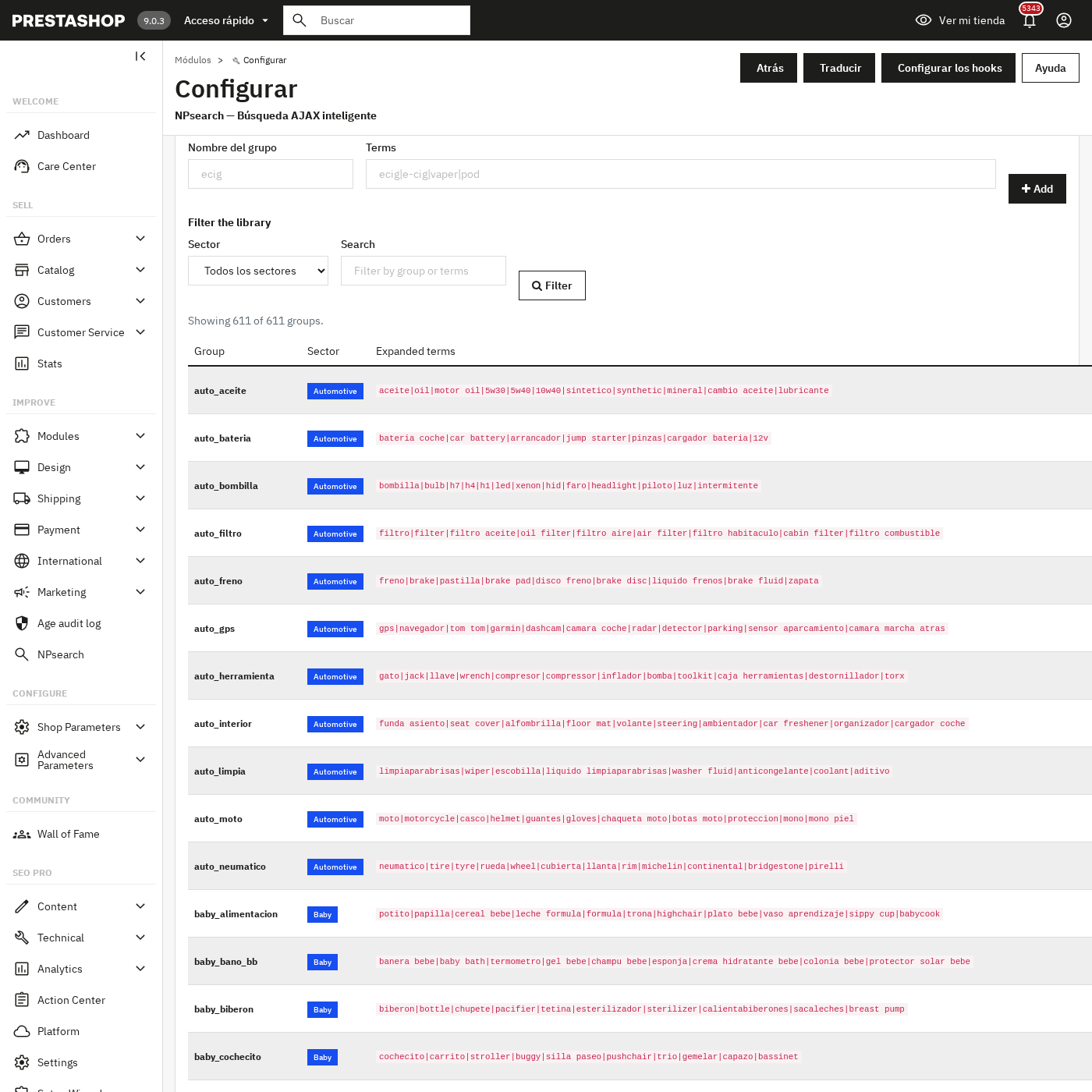 Back-office synonyms manager — per-language synonym groups with bulk import.