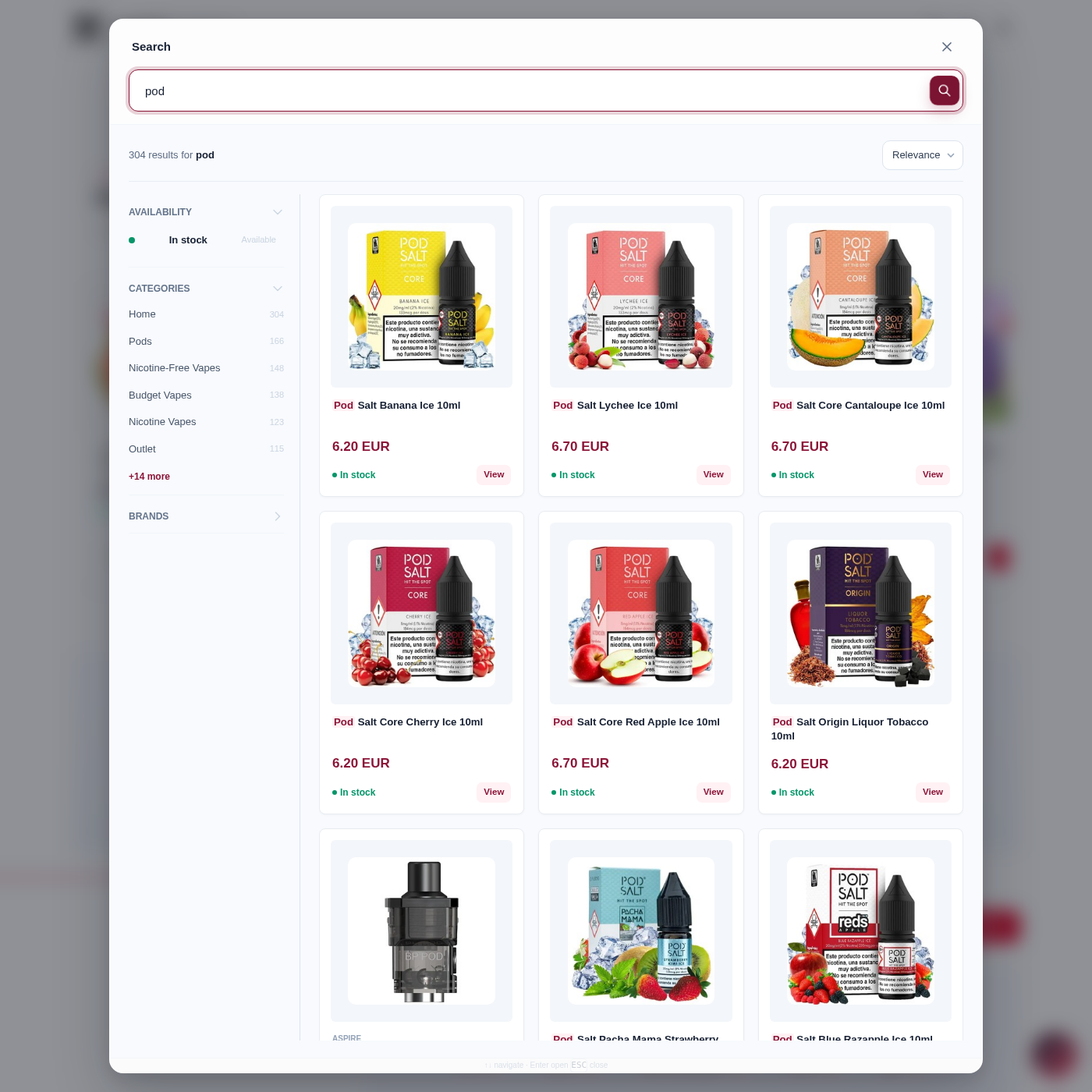 Search results page with category, brand, and price facets active.