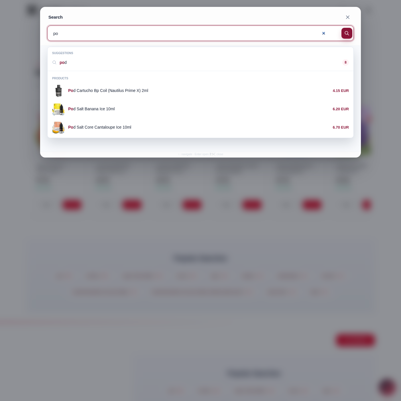 Storefront autocomplete overlay on a PrestaShop 8 theme with product suggestions.
