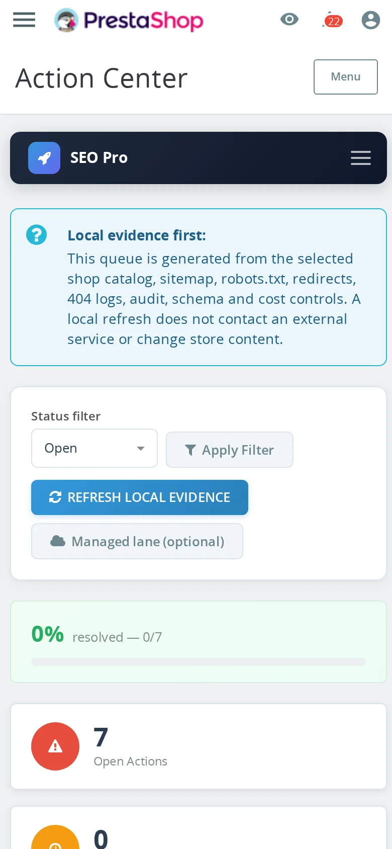 NP SEO Pro Action Center on a mobile PrestaShop 8 back office.