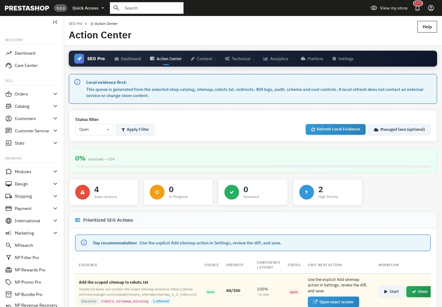 Action Center locale NP SEO Pro 2.3.0 su PrestaShop 9.
