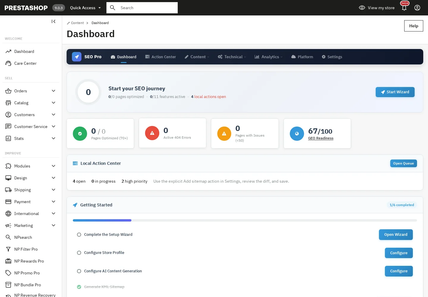 NP SEO Pro dashboard on PrestaShop 9 desktop.