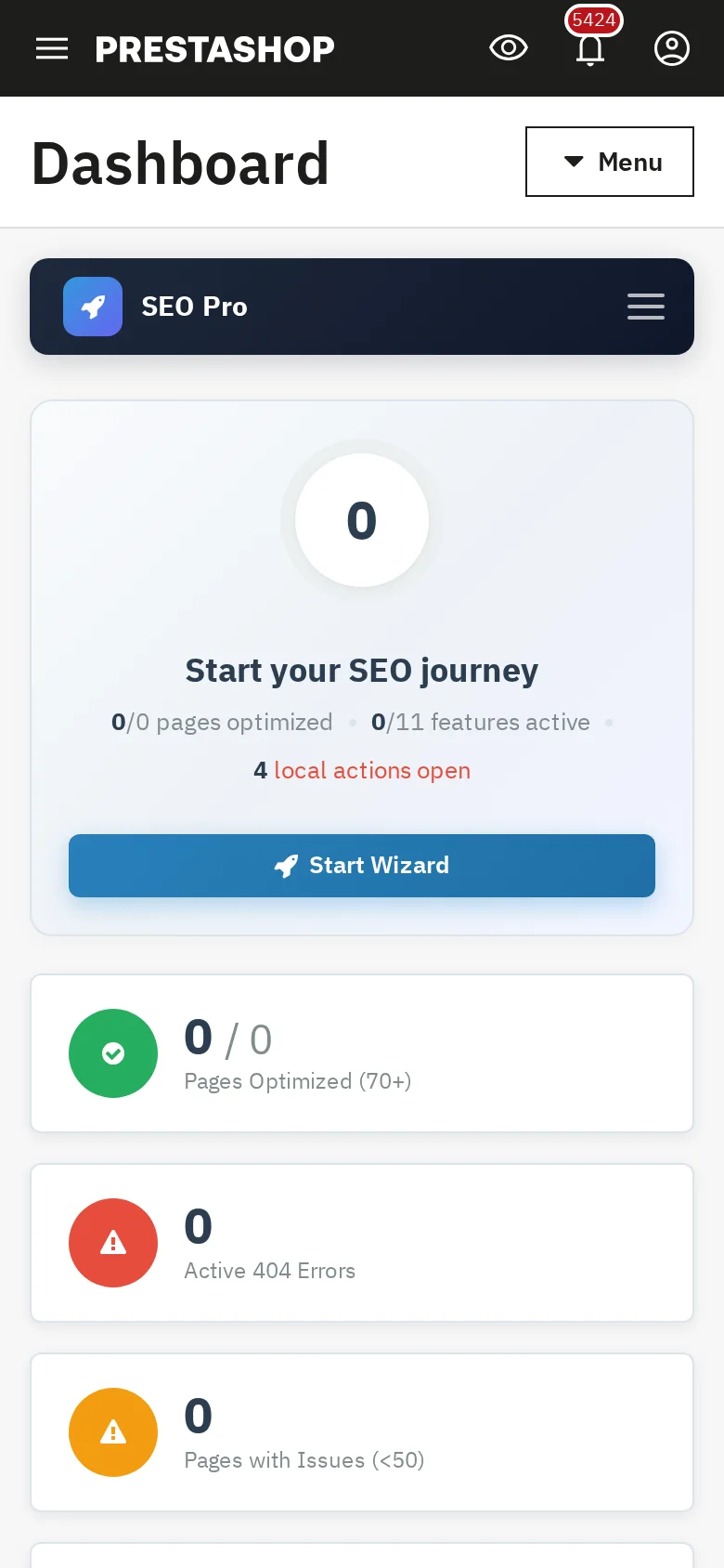 NP SEO Pro dashboard on a mobile PrestaShop 9 back office.