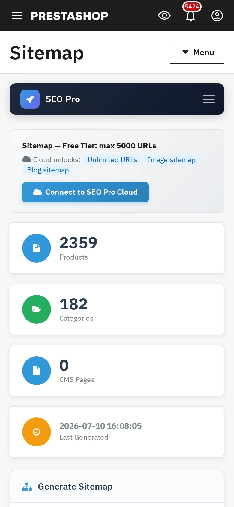 NP SEO Pro sitemap workspace on a mobile PrestaShop 9 back office.