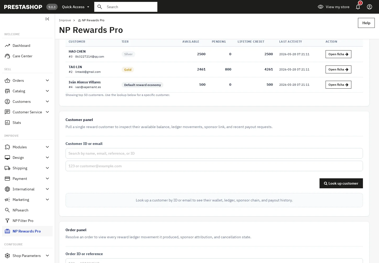 Reward customers registry