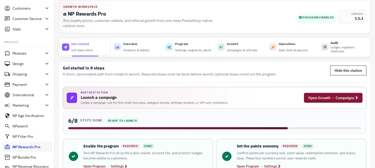 NP Rewards Pro 1.1.3 merchant workspace in English on PrestaShop 9.