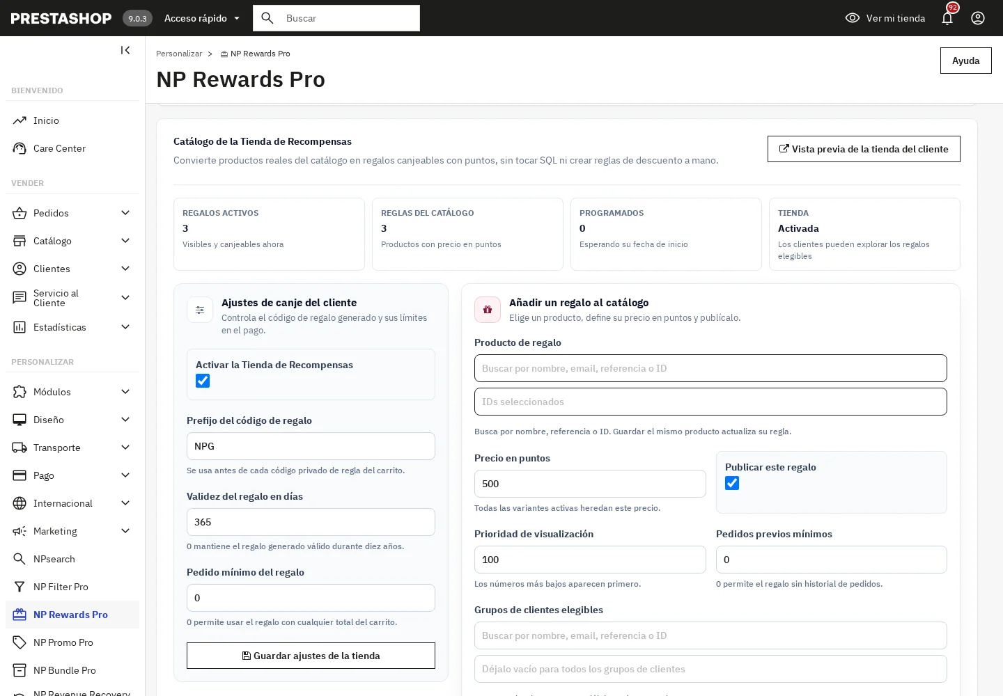 NP Rewards Pro Reward Shop manager with real products, points prices and eligibility controls on PrestaShop 9.