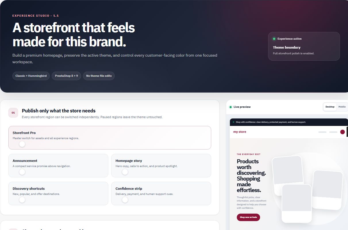 NP Storefront Pro Experience Studio with independent regions and live storefront preview.