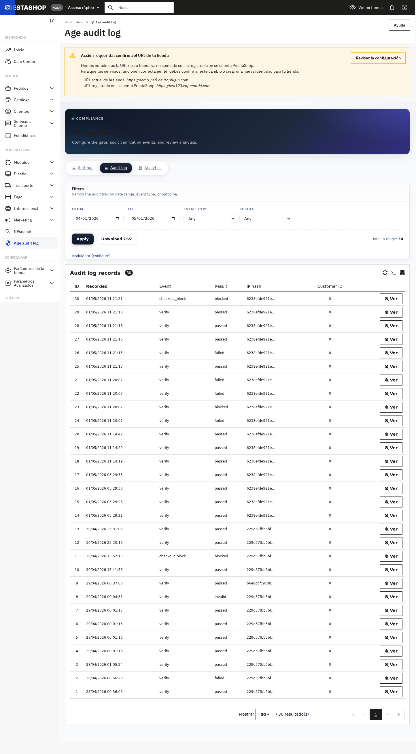 NP Age Verification Suite &mdash; back-office Audit log tab