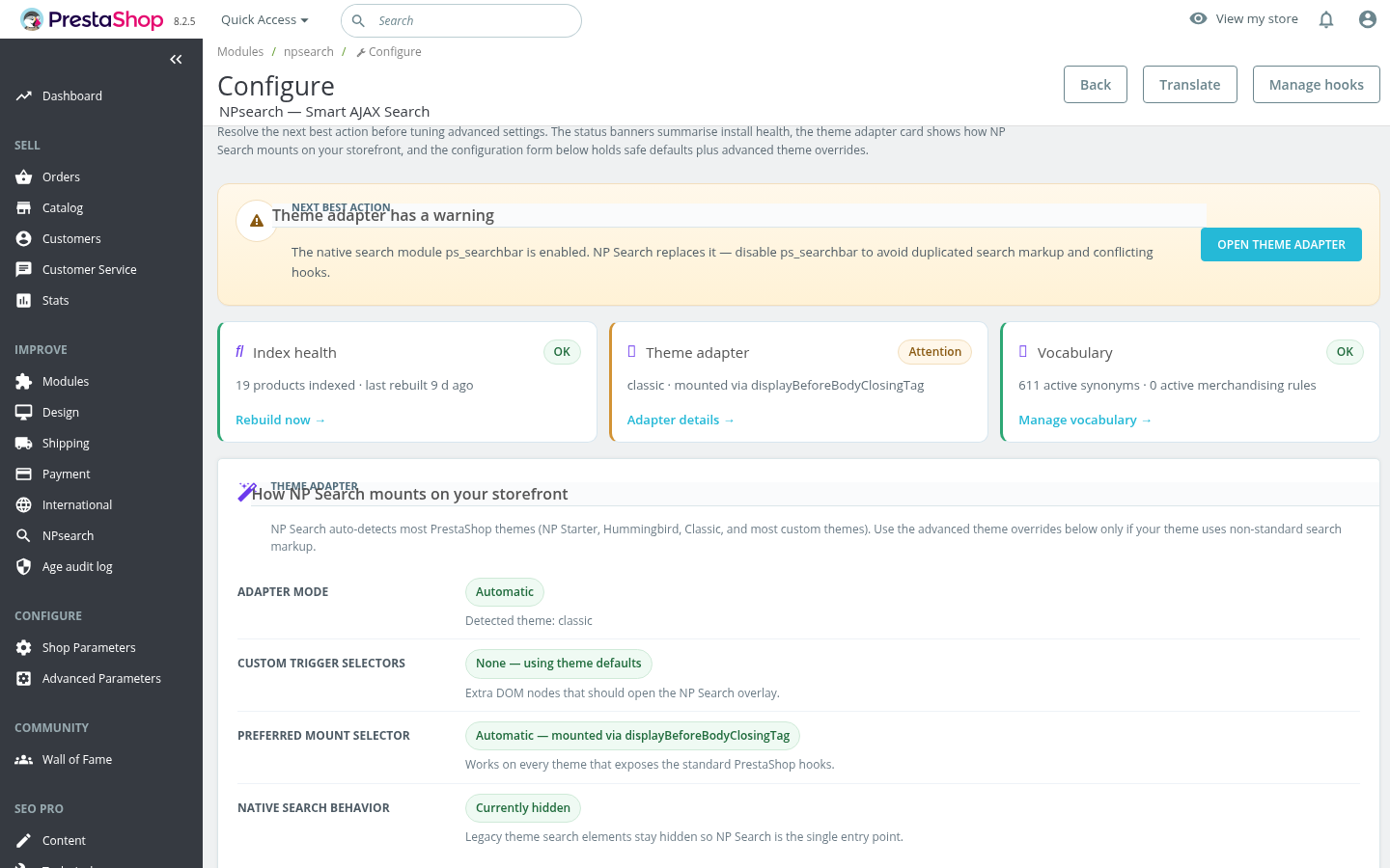 NP Search PrestaShop 8 setup workspace
