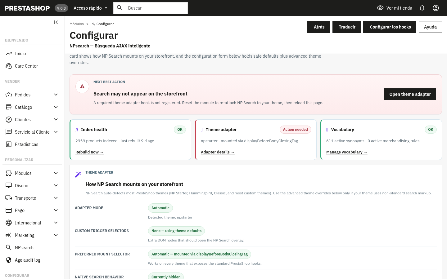 NP Search PrestaShop 9 setup workspace